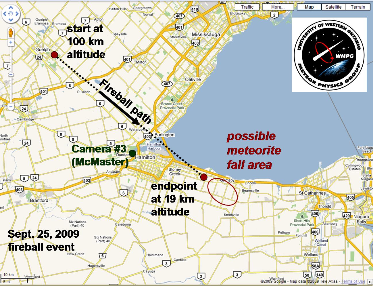Ground track and projected meteorite fall area for the September 25th Grimsby fireball