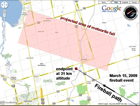 Fall Map for Fireball of March 16, 2009