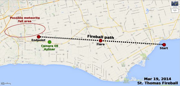 Ground track and projected meteorite fall area for the March 19th St Thomas fireball